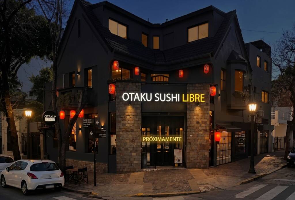 Exterior of Otaku Sushi Libre restaurant at dusk, with warm interior lights, stone facade, and red lanterns along the entrance